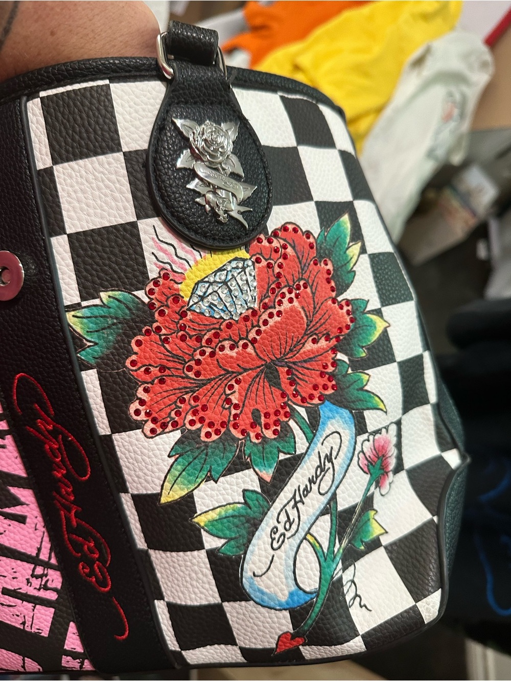 Ed Hardy Pink, Black & White Floral Tattoo Shoulder Bag - Picture 3 of 13